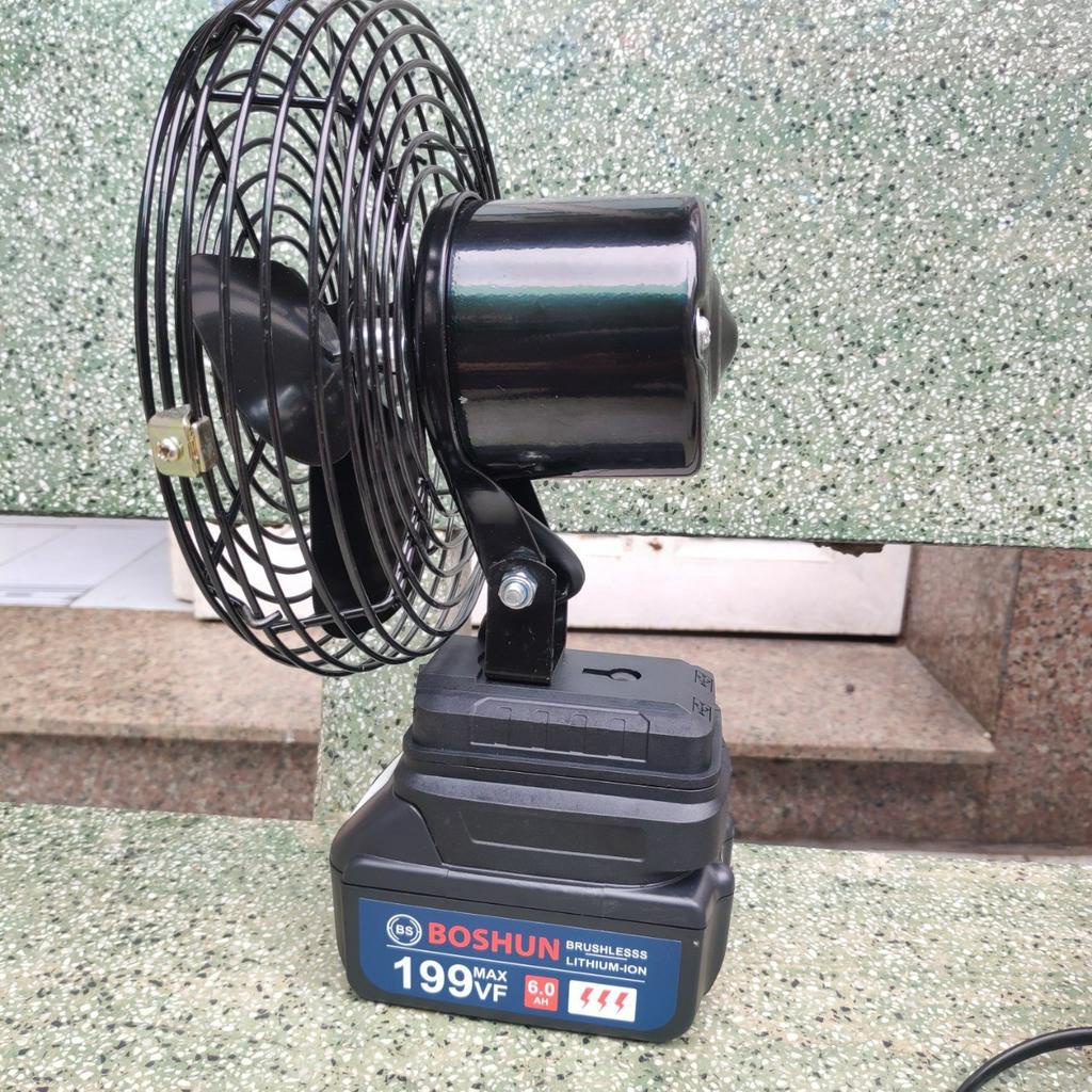 Quạt tích điện Boshun, chân pin 4cm, có thể dùng pin của makita, hoạt động liên tục lên đến 8h