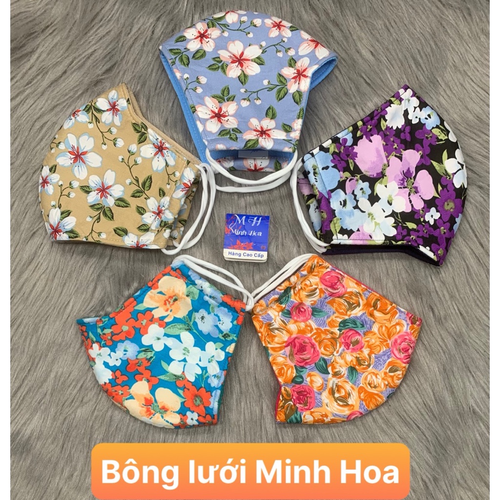 [HCM] Combo 5 khẩu trang vải 100% kate , họa tiết bông ,thương hiệu cao cấp MINH HOA , ảnh thật , bảo đảm giao đú