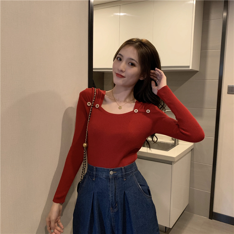 Áo Sweater tay dài cổ vuông dáng ôm thời trang hàn quốc
