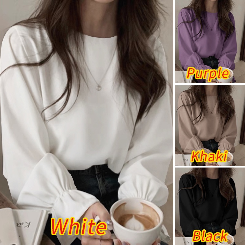 Áo ZANZEA màu trơn tay dài phồng cổ tròn phối nút mặt sau thời trang cho nữ