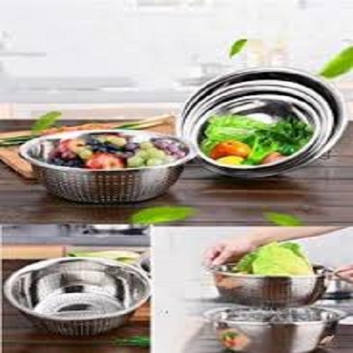 Sét 5 món, 1 rổ rửa rau, hoa quả và 4 chậu/ bát to bằng inox size 20 đến 26cm