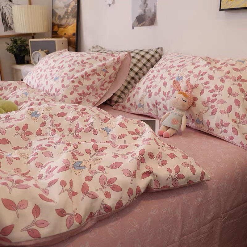 Set chăn ga gối cotton living - mẫu thỏ lá hồng + thỏ lá xanh