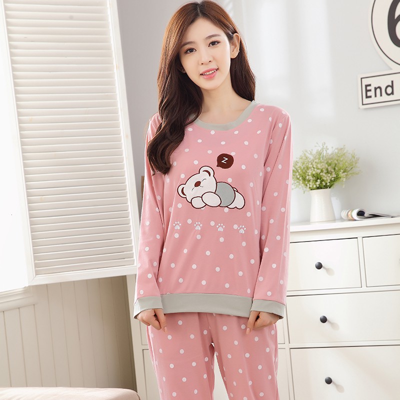 Bộ Đồ Ngủ Pijama Dài Tay Họa Tiết Chấm Bi Đáng Yêu Cho Nữ