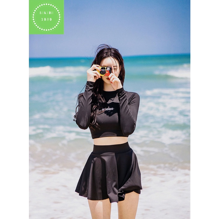 Bikini, Bộ Đồ bơi nữ áo tắm hai mảnh dài tay US quần váy cạp cao kín đáo che bụng cá tính hàn quốc đi biển cao cấp