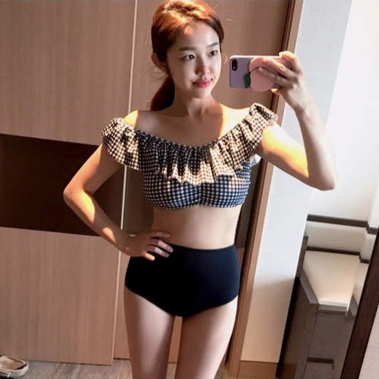 Bộ Bikini ❤️𝐊𝐄̀𝐌 𝐌𝐔́𝐓❤️ 2 Mảnh áo caro quần cạp cao 8015