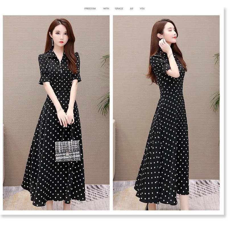 đầm xòe châm bi tay lỡ cổ sơ mi QC265303