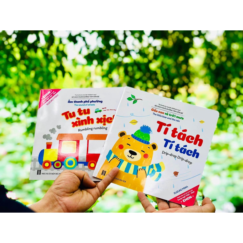 Sách - Ehon 5 cuốn  song ngữ Việt Anh tí tách, vòng vèo, lung linh, tu tu, hình khối file nghe đọc cho bé 0-6 tuổi