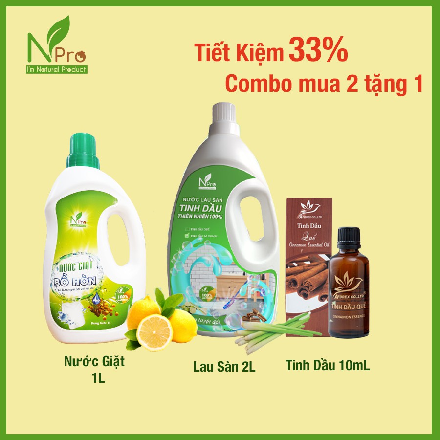 [Combo] NPro - Nước Lau Sàn Nhà Tinh Dầu Sả Chanh 2l + Nước Giặt Bồ Hòn 1L, Tặng Tinh Dầu quế/sả chanh 10ml