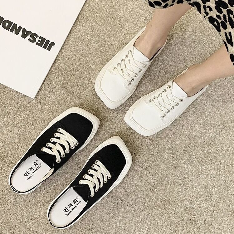 Fashion Square Lace Up Ulzzang Low Heel Canvas Shoes Slippers for Women