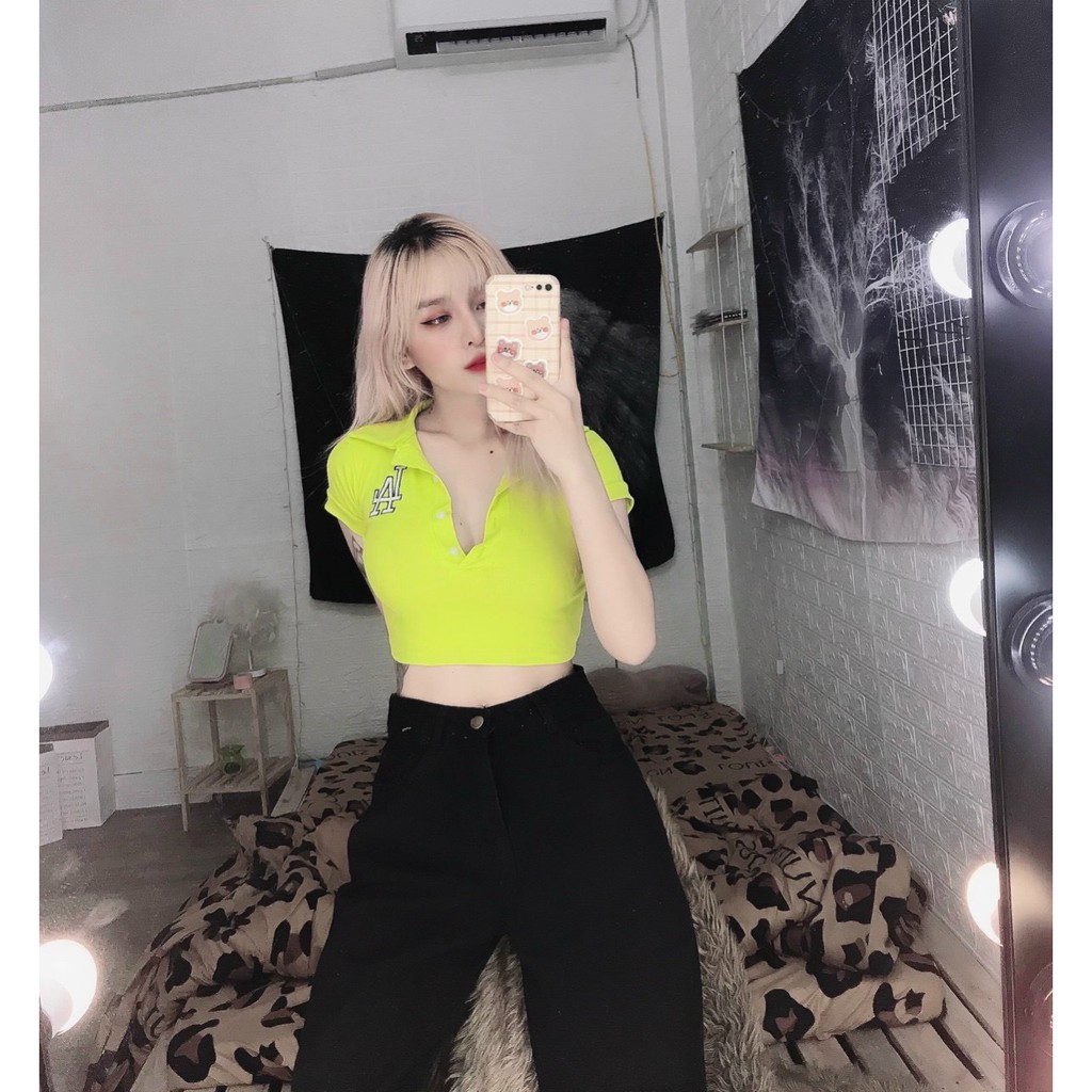 Áo kiểu croptop cổ bẻ cài nút thêu chữ bên cực xinh , chất thun bozip mềm mịn ( ảnh thật )