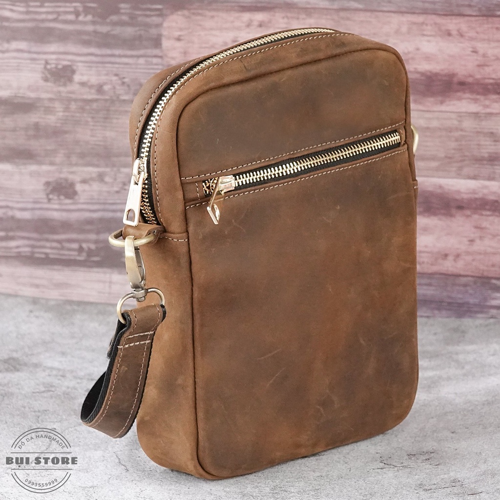 Túi đeo chéo da bò sáp nguyên miếng, Túi bao tử nam da bò thật Handmade khâu tay BH da 10 năm - Bụi Store