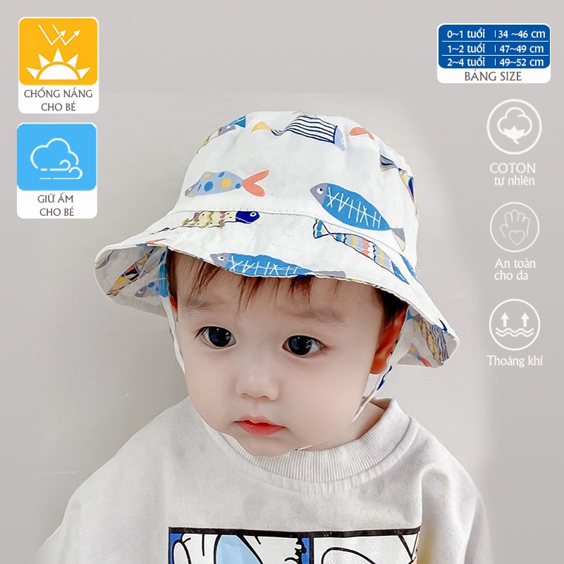 Nón chống nắng trẻ em 0-4 tuổi tai bèo hoạ tiết hoạt hình siêu dễ thương PocoHome, chất liệu cotton mềm mát, thoáng khí