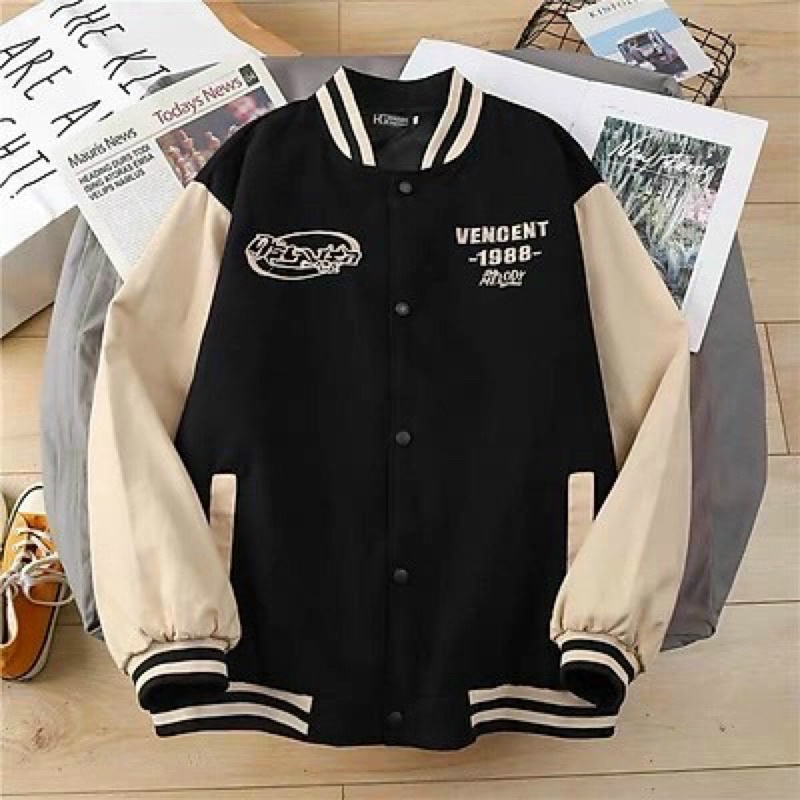Áo khoác bomber bóng chày thêu chữ kaki da lộn 2 lớp unisex ulzzang nam nữ