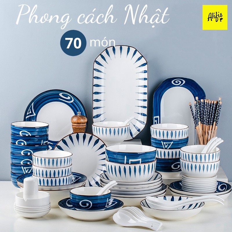 Bộ bát đĩa, bộ chén đĩa sứ viền nâu 70 món cho 8 - 12 người phong cách Nhật Bản – phụ kiện bàn ăn và quà tặng tân gia