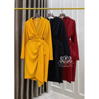 Đầm body tay dài cổ v đắp chéo eo phối bèo hàng thiết kế