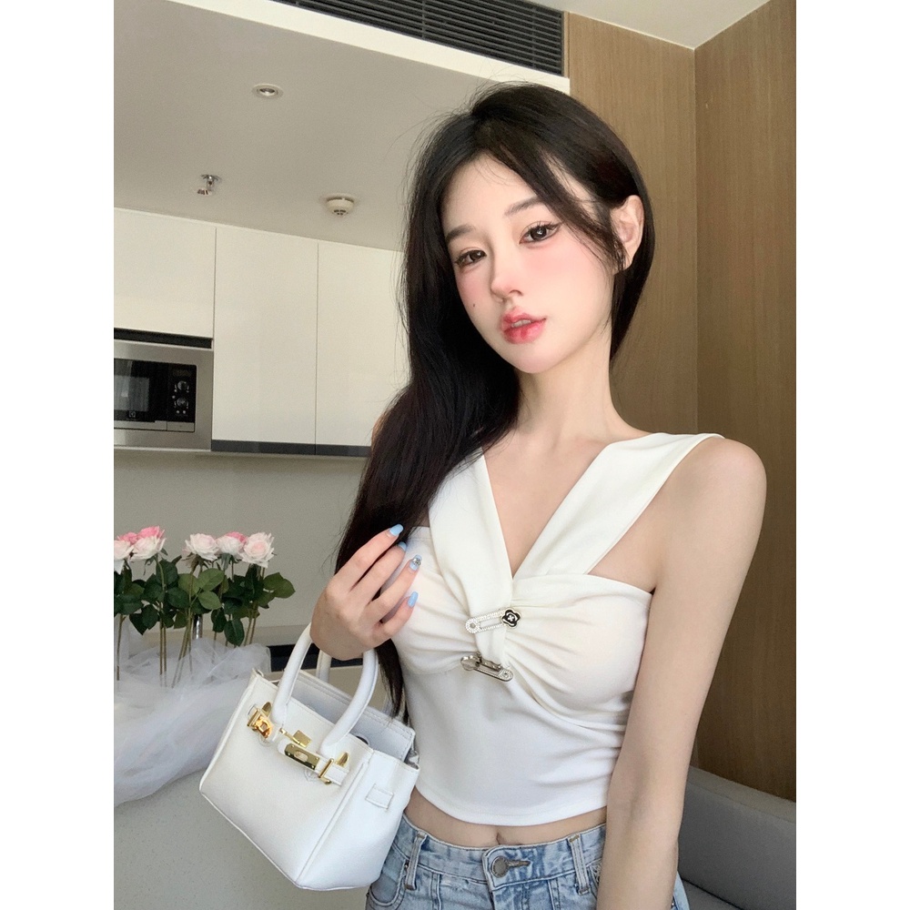 Áo dệt kim ZHELIHANGFEI không tay lưng cao thiết kế dây đan chéo phong cách thời trang quyến rũ