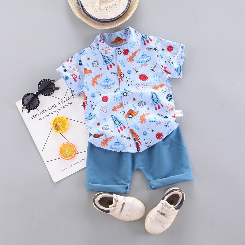 Bộ áo sơ mi phối quần short  in họa tiết hoạt hình dễ thương cho bé trai từ 0 - 4 tuổi