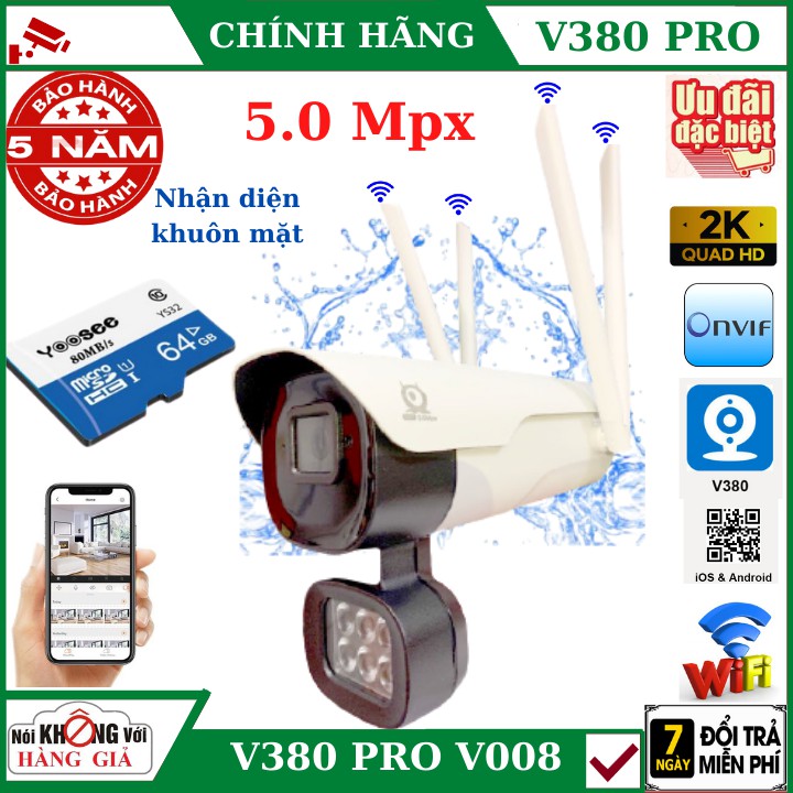 Camera wifi ngoài trời 4 râu 5.0Mpx V380 Pro V008 , cảnh báo chống trộm, Nhận diện khuôn mặt, chống nước | BigBuy360 - bigbuy360.vn