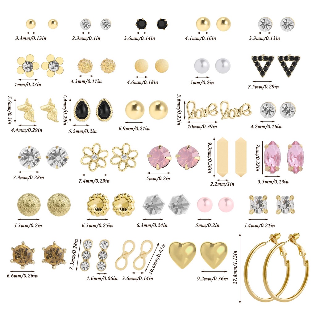 [hxbgxb] Set 30 Đôi Bông Tai Nhiều Hình Dạng Đính Đá Pha Lê Lấp Lánh Dành Cho Nữ