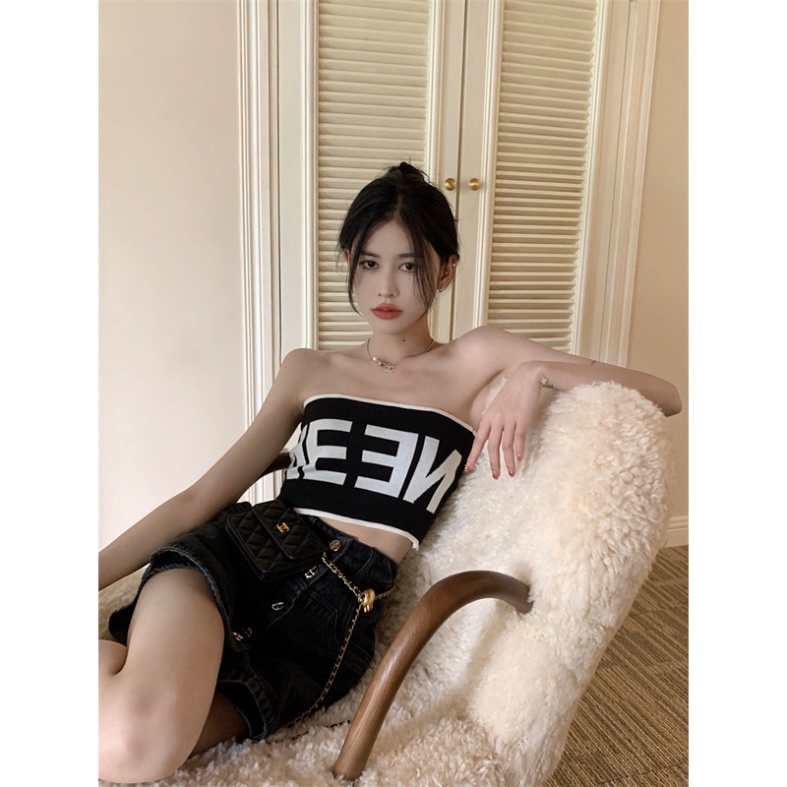 Áo Ống Dệt Kim In Chữ Cái Phong Cách Thời Trang Hàn Quốc Cho Nữ nội y xanh chất cực đẹp, sang chảnh, đồ lót