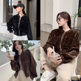 Áo khoác nữ nhung tăm croptop túi hộp 2 màu đen nâu phong cách ulzzang hàn quốc. Aó bomber dáng ngắn quảng châu
