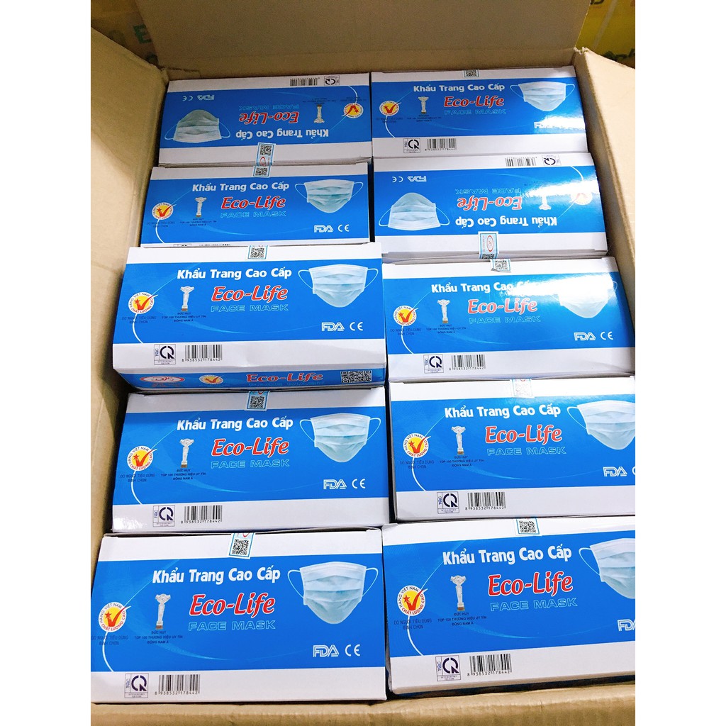 Khẩu trang y tế 4 lớp Eco- Life giấy lọc kháng khuẩn- hộp 50 cái- tân bình
