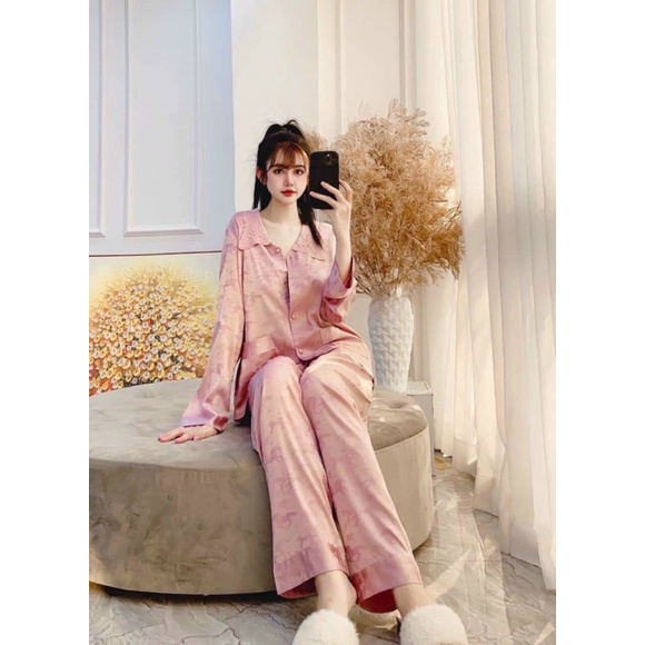 Bộ ngủ pyjama dài tay nữ xinh xắn chất lụa mềm mịn quảng châu cao cấp Bộ mặc nhà sang chảnh thanh lịch