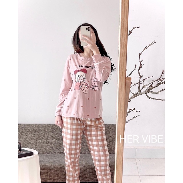 Pijama nữ dài tay thu đông mềm mại, Đồ bộ nữ mặc nhà dễ thương mềm mại nhiều màu Her Vibe