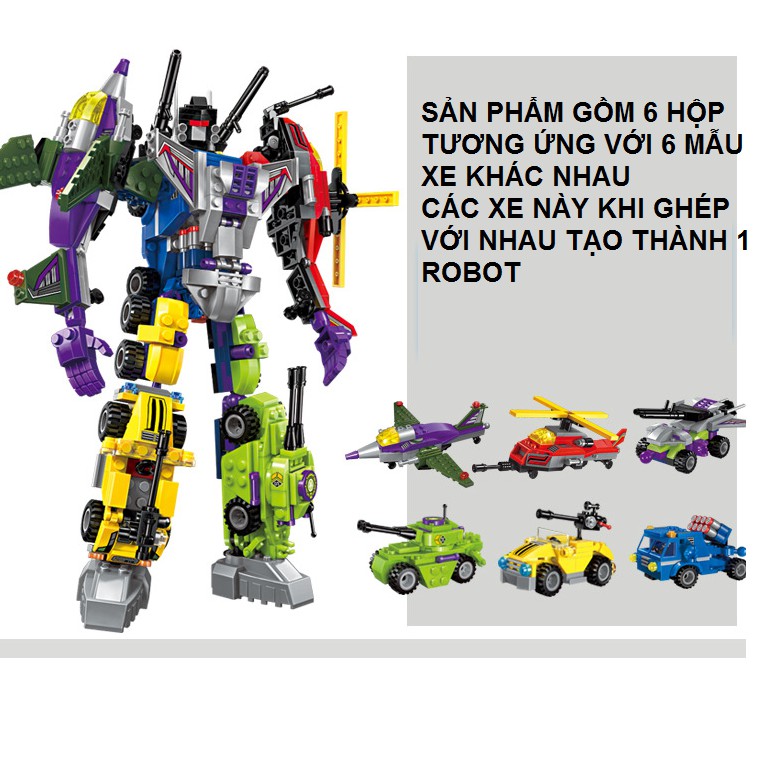 Đồ chơi lắp ghép trẻ em nhiều chi tiết mô hình rô bốt 6 xe trong 1