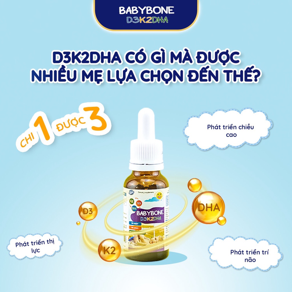 Vitamin cho bé BABYBONE D3K2DHA Bổ Sung Vitamin D3, K2, DHA giúp Bé Phát Triển Toàn Diện,Thông Minh,Cao Lớn (Lọ 20ml)