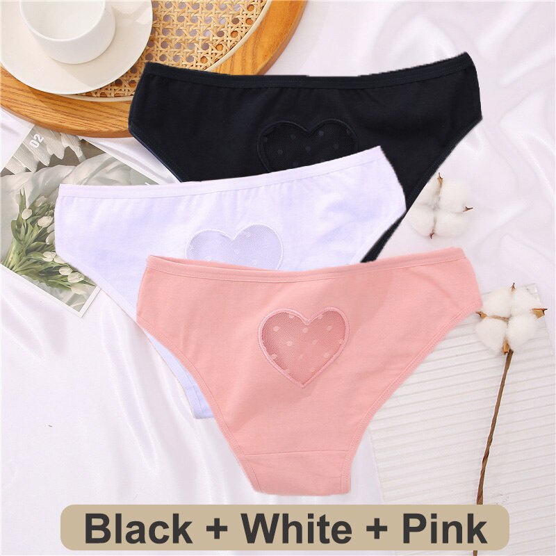 Cute Byte Bộ 3 Quần Lót Cotton Phối Ren Hình Trái Tim Gợi Cảm Dễ Thương Cho Nữ