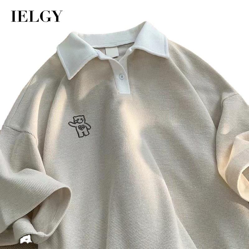 Áo thun IELGY cổ bẻ dáng rộng tay ngắn thêu họa tiết chú gấu dễ thương tùy chọn màu sắc