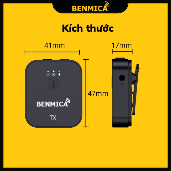 Micro cài áo không dây Benmica A2 bản 2 mic cho điện thoại, máy ảnh, máy quay - Hàng chính hãng