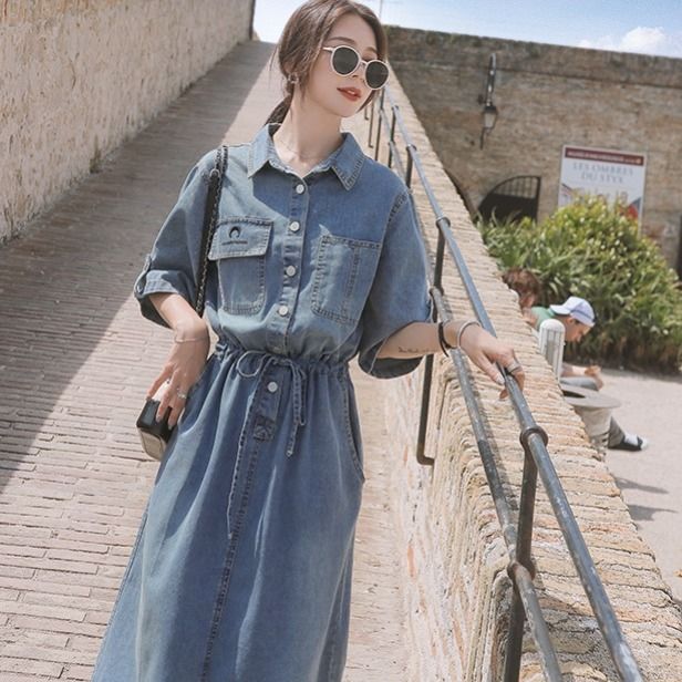 Đầm Denim Tay Lửng Dáng Dài Qua Gối Thời Trang Cho Nữ