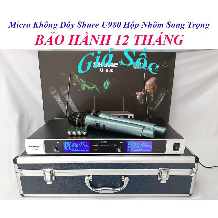 Micro Hát Karaoke Không Dây SHURE U980 Hộp Nhôm Sang Trọng