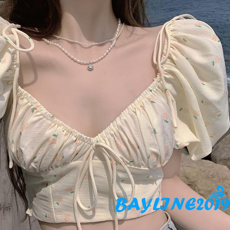 Áo Croptop Tay Phồng Cổ Chữ V In Họa Tiết Hoa Thời Trang Dành Cho Nữ