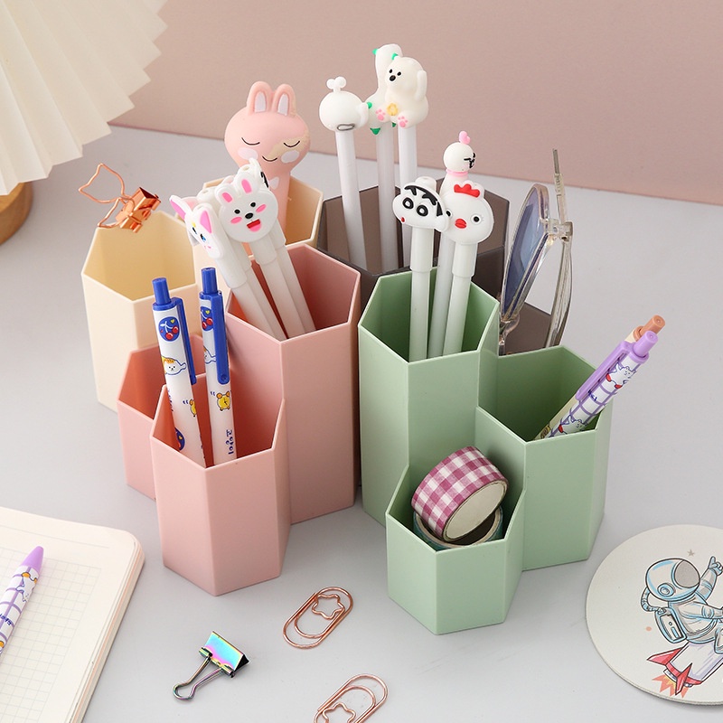 Ống cắm bút cute dễ thương hình lục giác 3 ngăn nhiều màu