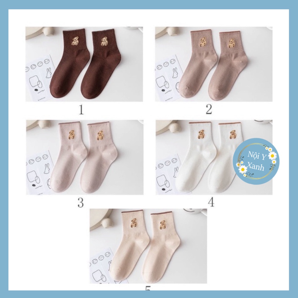 Tất dệt kim cổ cao thêu gấu Phong Cách Vintage Hàn Quốc Mẫu tcc2 Nội Y Xanh chất thoáng mát cao cấp