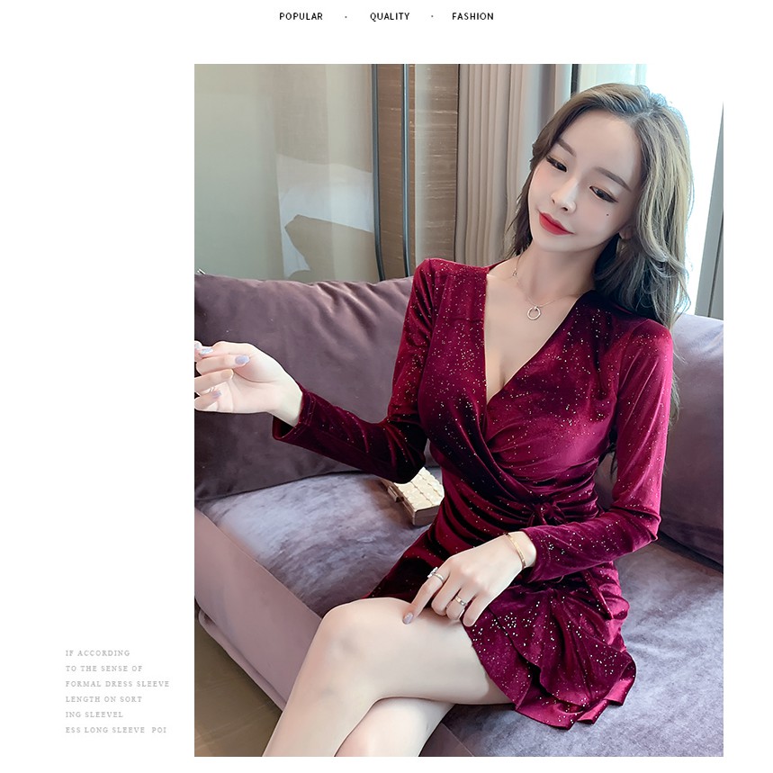 🌸Hàng Order🌸Váy Nhung Rút Eo Cổ V Sexy Lấp Lánh 🌸Hàng Quảng Châu | BigBuy360 - bigbuy360.vn