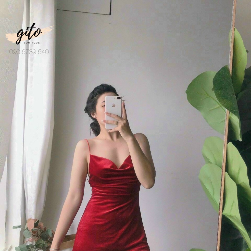 ĐẦM HAI DÂY XẺ ĐÙI HỞ LƯNG- NHUNG SEXY- ĐEN NGẮN/ĐỎ - GD030 | BigBuy360 - bigbuy360.vn