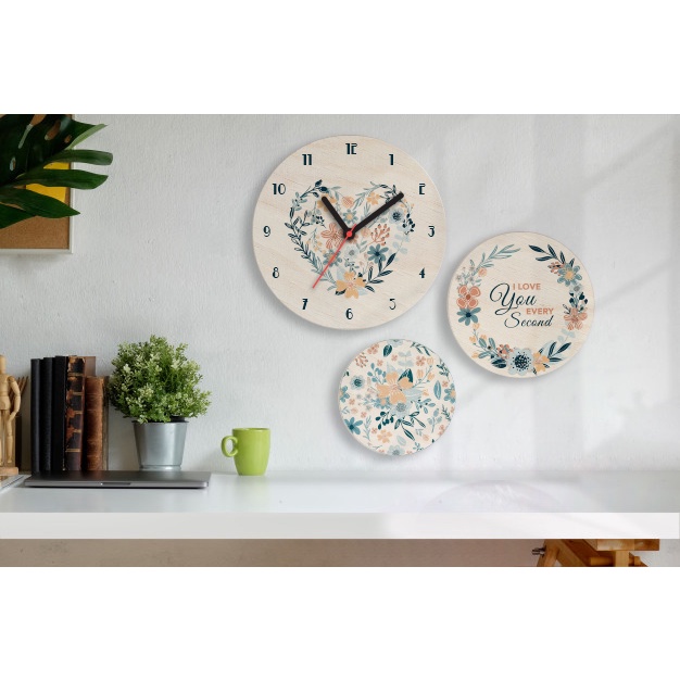 Đồng hồ treo tường gỗ tự nhiên- Màu in sắc nét, bền đẹp - Bảo hành 12 tháng - Set 3 round - 032R3