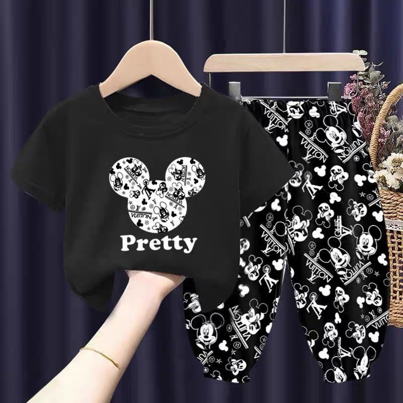 Bộ Quần Áo Mickey Cộc Tay, Quần Dài Mùa Hè Chất Vải Thun Cho Bé Trai Và Bé Gái Từ 11kg Đến 35kg Chaarlie Kids