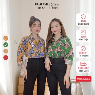 Áo sơ mi họa tiết chữ phối beo cá tính trâm anh house sm8 sơ mi nữ tay dài họa tiết chất lụa cao cấp