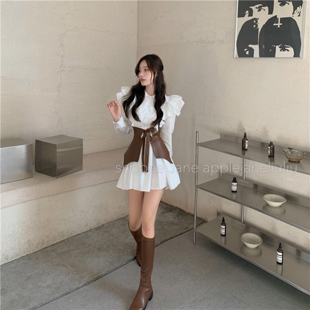 JANE’S Set đầm sơ mi trắng + Đai eo thắt lưng Hàn Quốc Vintage sang trọng thời thượng