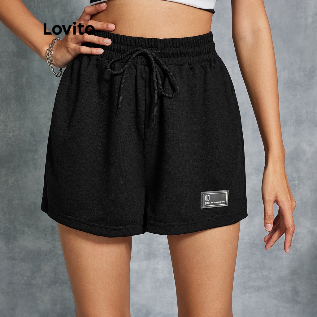 Lovito Quần Short Lưng Thun Co Giãn Màu Đen Trơn Kiểu Dáng Đơn Giản L20D1197