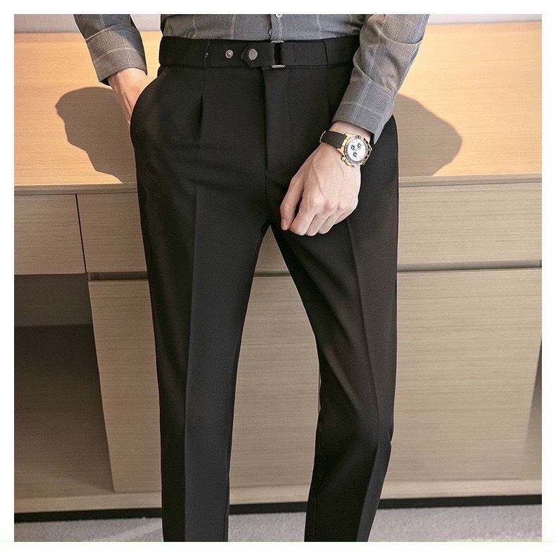 Quần âu cạp cao nam sidetab hàn quốc dáng baggy, quần âu nam có đai chỉnh eo ống côn vải tuyết mưa - QA17