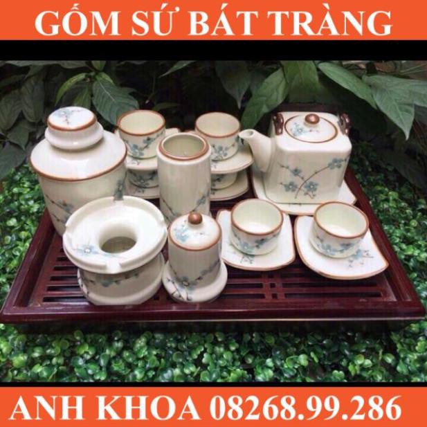 Ấm chén vẽ anh đào xanh kẻ chỉ Bát Tràng - Gốm sứ Bát Tràng Anh Khoa