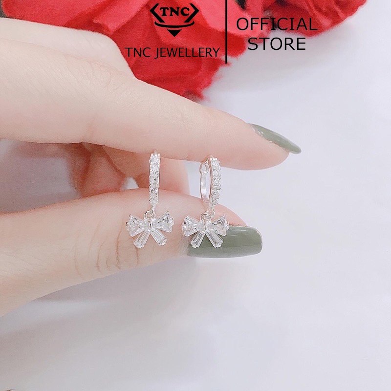 Khuyên Tai Bạc Khoen Tròn Móc Máy Thả Hình Nơ- Trang Sức TNC JEWELLERY
