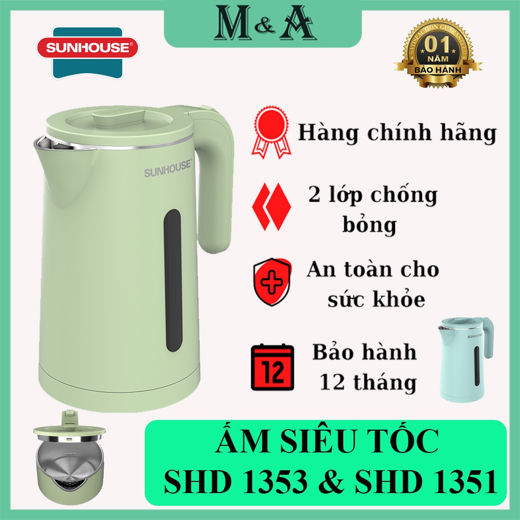 Ấm đun nước siêu tốc 1.8L Sunhouse SHD1353 - SHD1351 - Inox 2 Lớp Cao Cấp - Bình đun nước tự động ngắt - An toàn