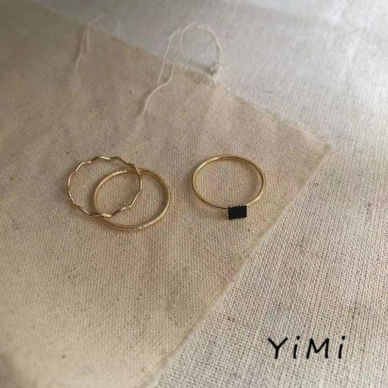 Nhẫn Ba Mảnh Đính Đá Zircon Đen Thiết Kế Đơn Giản Chất Lượng Cao Thiết Kế Niche Hình